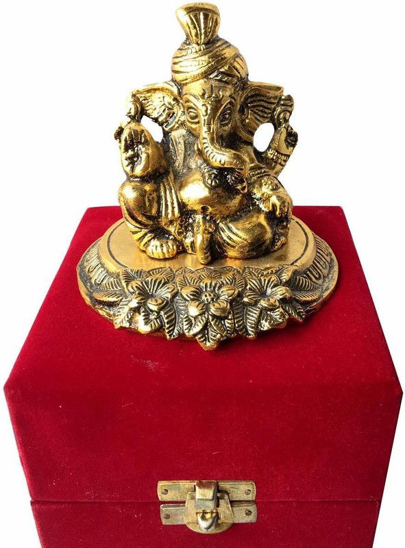 Delhi Gift House Gold Plated Pagdi Ganesh/Ganesha God Idol Statue Oxidized Silver Finish with Beautiful Red Velvet Box Packing /Showpiece, Statue Decor Gift(Silver Finish ) Decorative Showpiece - 9 cm  (Aluminium, Gold)