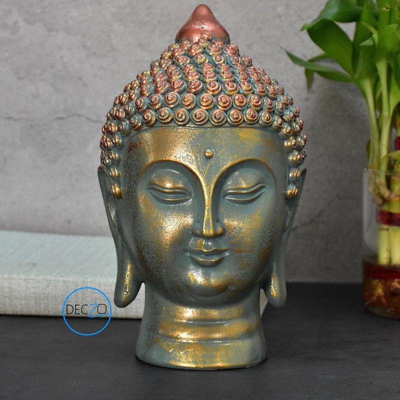 DECZO Moksha Buddha Head for Meditation ,Gift, Decor Decorative Showpiece - 18.5 cm  (Polyresin, Gold)