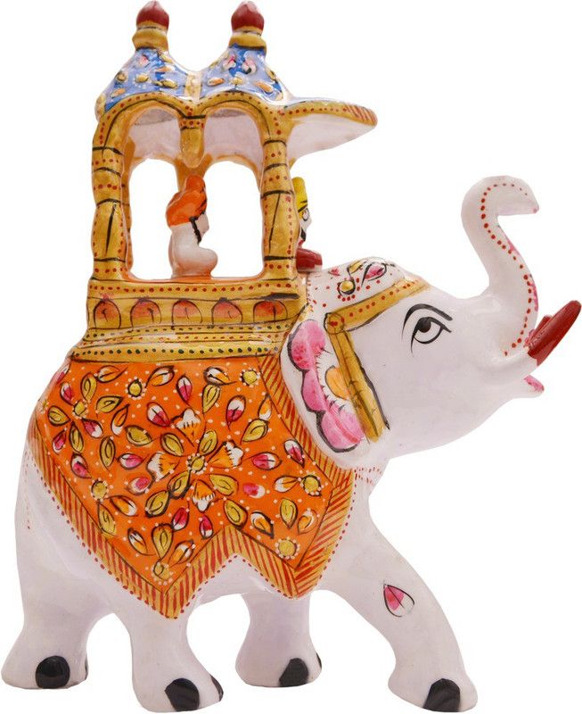 Santarms White Orange Meenakari Ambawadi Elephant Decorative Showpiece - 17.78 cm  (Metal, Multicolor)
