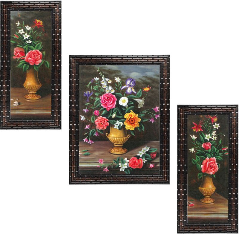 Indianara Set of 3 Flowers in Vases Art Framed Art Painting (0323GB) without glass Digital Reprint 13 inch x 10.2 inch Painting  (With Frame, Pack of 3)