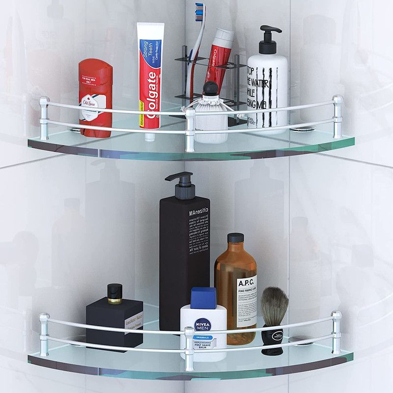 RGFASHION Glass Corner/Bathroom/Kitchen Shelf -9 X 9 Inches -Glossy -Wall Mount Glass, Steel Wall Shelf  (Number of Shelves - 2, Clear)