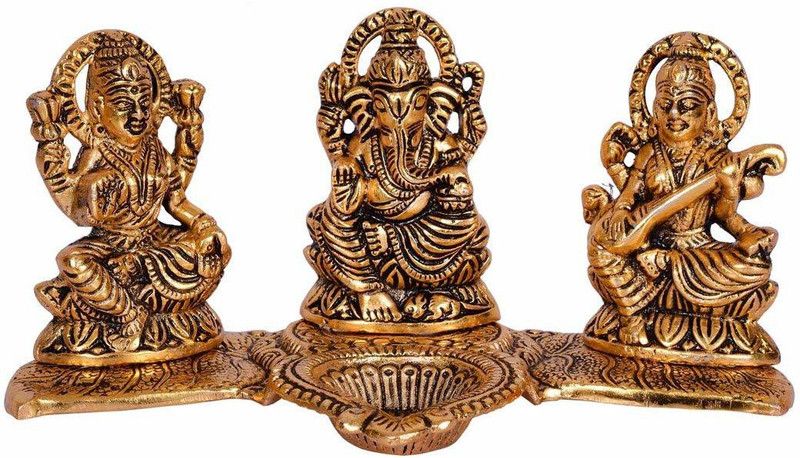VALUE CRAFTS Laxmi Ganesh Saraswati Idol Showpiece Oil Lamp Diya Decorative Showpiece - 10 cm  (Brass, Gold)