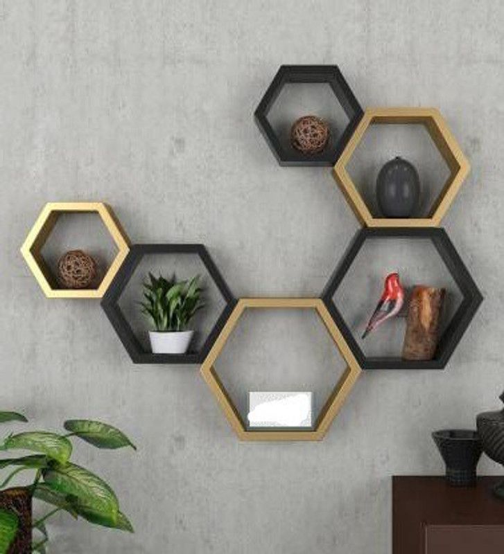 KHANSHOPEE Wall shelf Hexagon shelves MDF MDF (Medium Density Fiber) Wall Shelf  (Number of Shelves - 6, Black, Grey)
