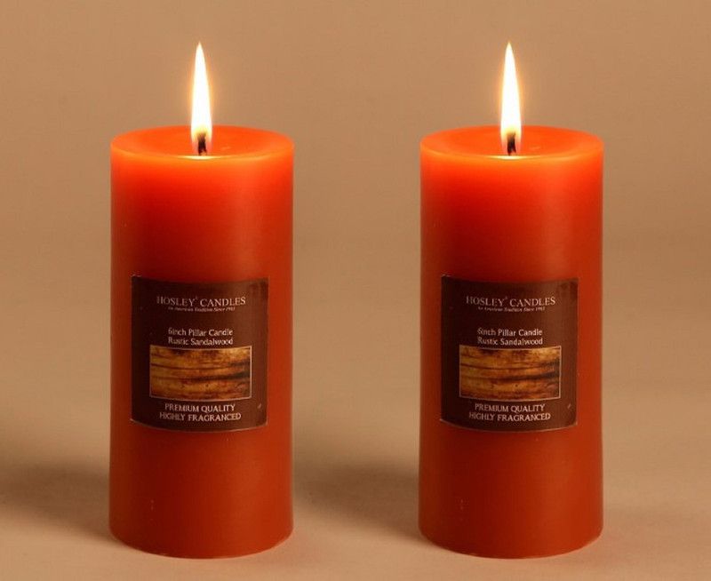 Hosley Set of 2 Rustic Sandalwood 6Inchs Pillar Candles Candle  (Orange, Pack of 2)