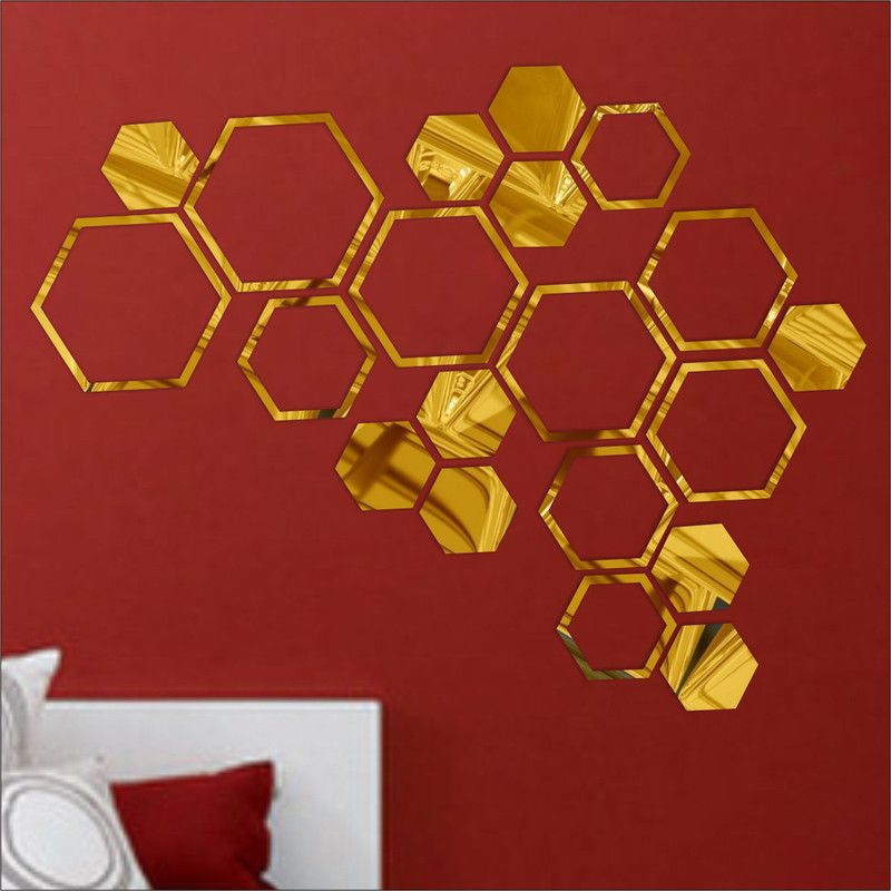 LOOK DECOR 90 cm Hexagon Shape golden code 16 Self Adhesive Sticker  (Pack of 14)