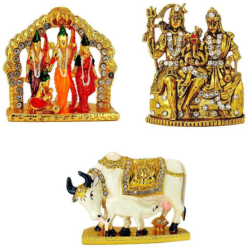 Le Ram-Darbar (Small) Lord Shiva Family Shiv Parivar (Oxidised) Kamdhenu Cow with Calf Idol Idol / Statue for Home Office Shop Car Dashboard & Gift Decorative Showpiece - 12 cm  (Metal, Multicolor)