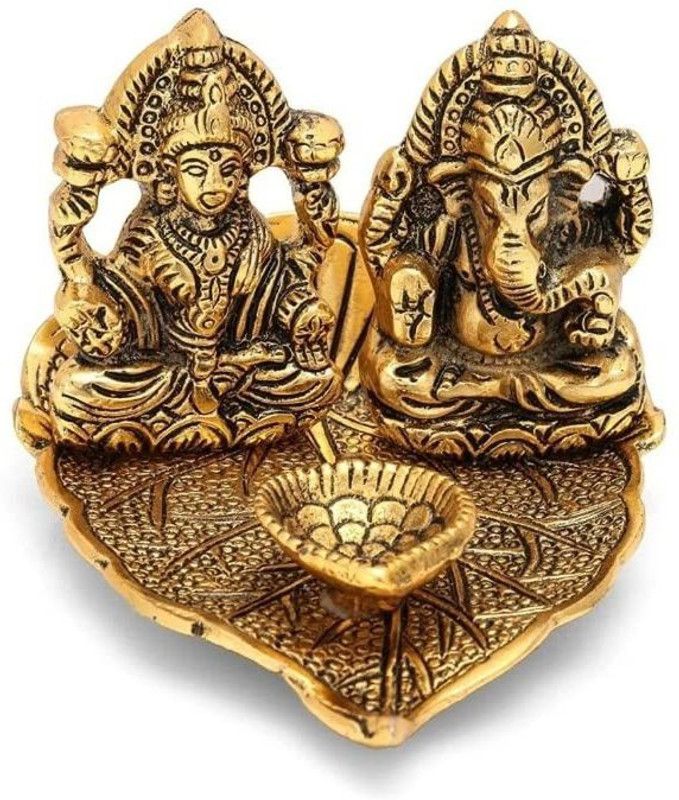 Labhkart Lakshmi Ganesh Idols On Leaf with Diya Made of Metal Laxmi Ganesha Oil Lamp Decorative Showpiece - 15 cm  (Metal, Gold)