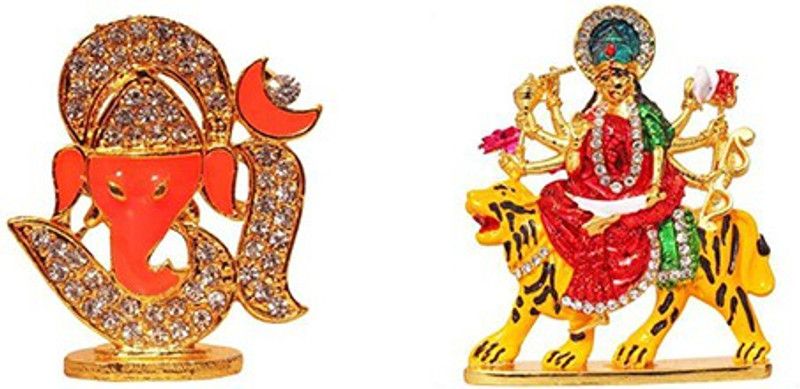 BEI Set of 2 Lord Ganesha Statue & Goddess Durga Devi / Maa Sherawali Idol - Navratri Pooja Statue Decorative Showpiece Decorative Showpiece - 9 cm  (Brass, Multicolor)