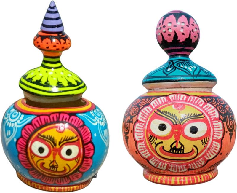 SILPAKRITI Decorative Wood made Sindur Box Pattachitra Painting Pack of 3 |Sindur Pharua Decorative Showpiece - 12.5 cm  (Wood, Multicolor, Green, Black, Orange)