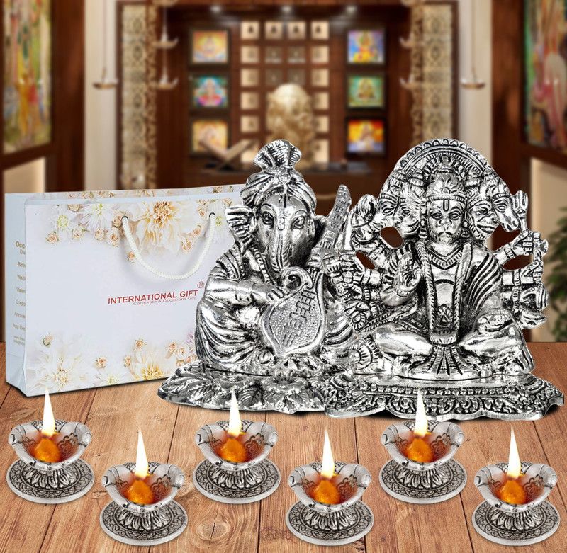 INTERNATIONAL GIFT Silver Hanuman And Ganesh With Sitar Instrument Statue Oxidized Finish With Velvet Box Packing And Beautiful Carry Bag And 6 pics Diya Set Showpiece, Decorative for Home Decor Aluminium (Pack of 8) Table Diya Set  (Height: 14 inch)