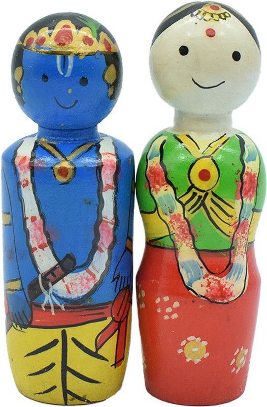 Puja N Pujari Channaptna Wooden Radha Krishna Showpiece for Kids Playing and Home Decoration Decorative Showpiece - 9 cm  (Wood, Multicolor)