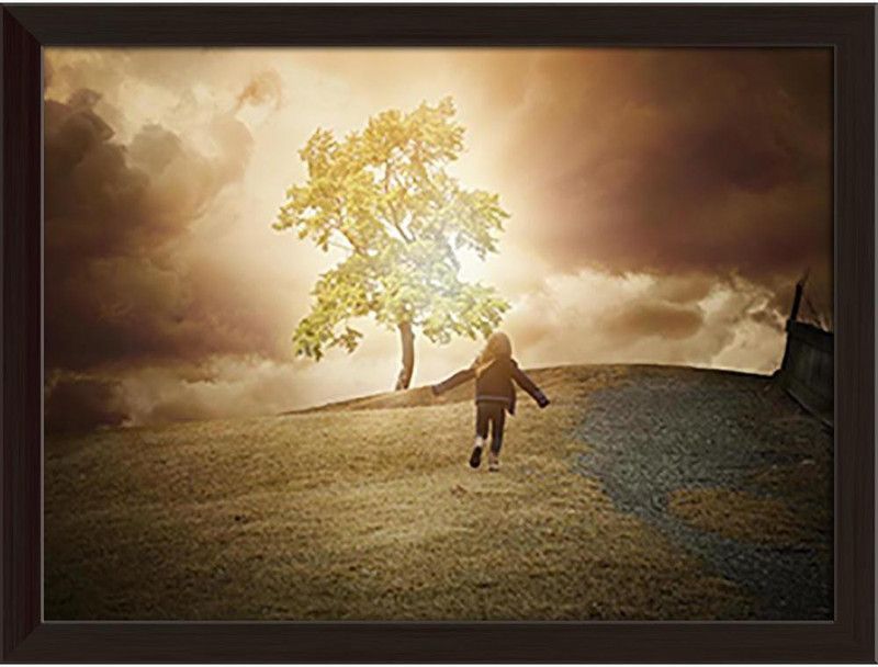 Child Is Running Up To A Hill Canvas Painting Dark Brown Frame 24.4x18inch Canvas 18 inch x 24.4 inch Painting