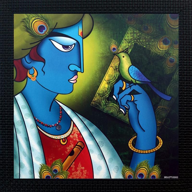 Janki Krishan Ji Flute Wall Hanging Canvas 14 inch x 14 inch Painting  (With Frame)