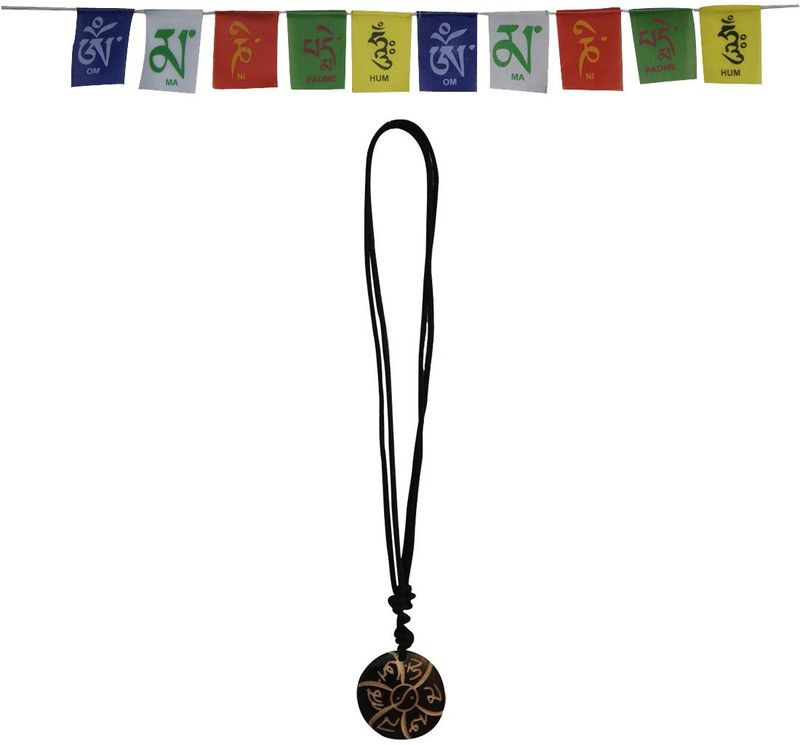 Divya Mantra Combo Of Om Mani Padme Hung Mantra Pendant Necklace and Tibetan Prayer Flag For Car Decorative Showpiece - 19 cm  (Fabric, Multicolor)