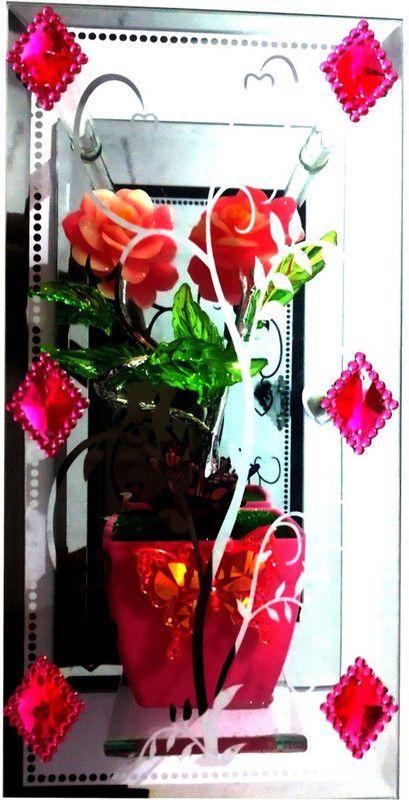 Xpress Rose Flower With Glass Vase Pink Rose Artificial Flower with Pot  (10 inch, Pack of 1, Flower Bunch)