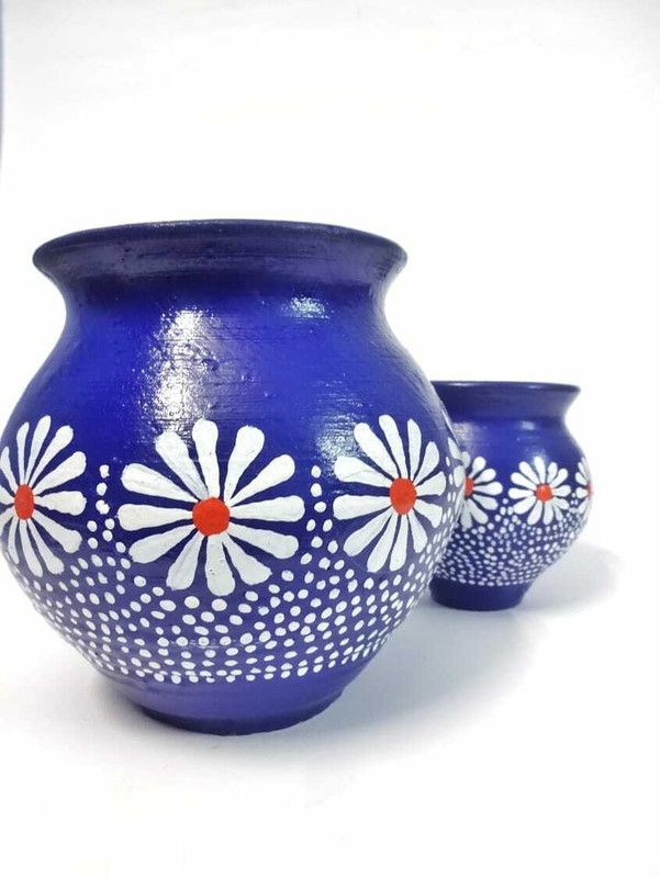 SKILL CRAFT Ceramic Floral Printed Vase Flower Pot (Blue) Ceramic Vase  (8 inch, Blue)