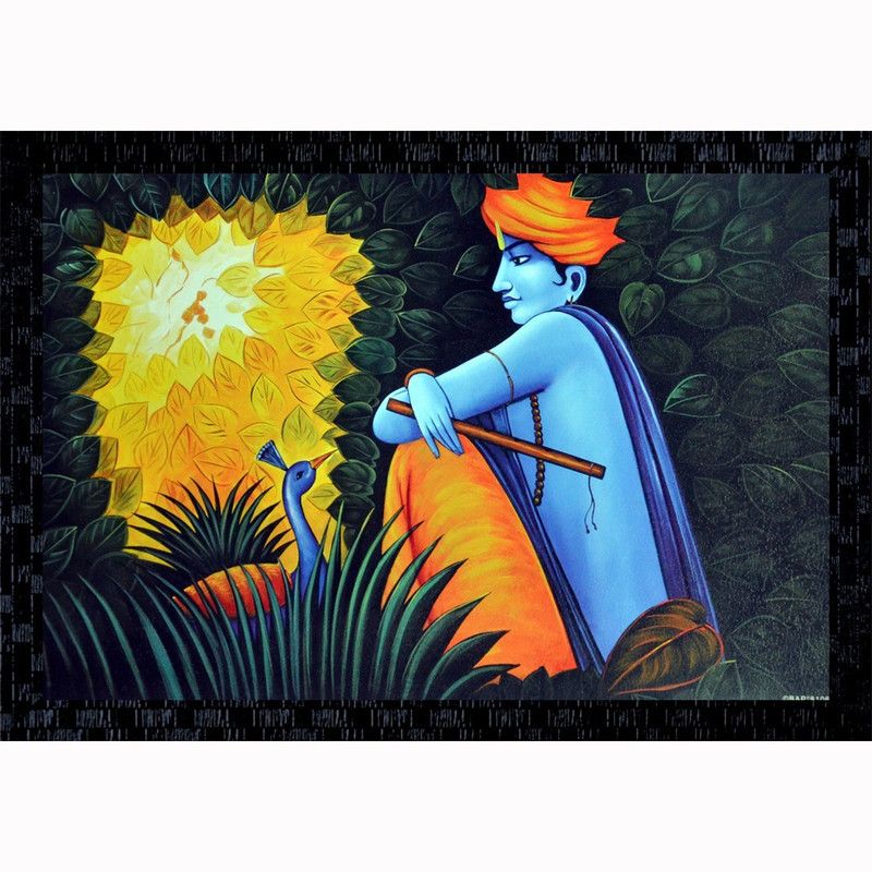 Janki Beautiful Krishna Sitting with Peacock Decorative Wall Painting For Home Canvas 14 inch x 20 inch Painting  (With Frame)