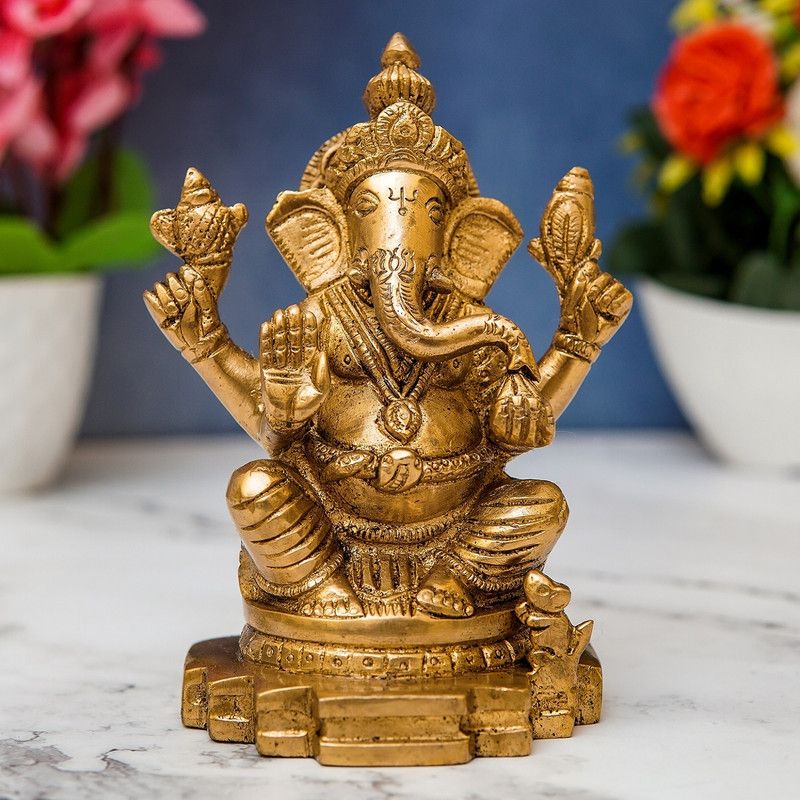 StatueStudio Ganesha Statue Ganesh Murti Ganpati Idol for Home Decor, Diwali & New Year Gift Decorative Showpiece - 5.8 cm  (Brass, Gold)