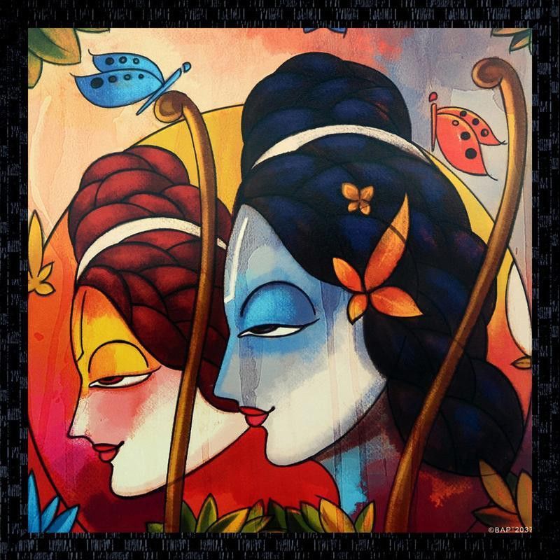 Janki Ramji Sitaji Fiber Glass Wall Painting Canvas 14 inch x 14 inch Painting  (With Frame)