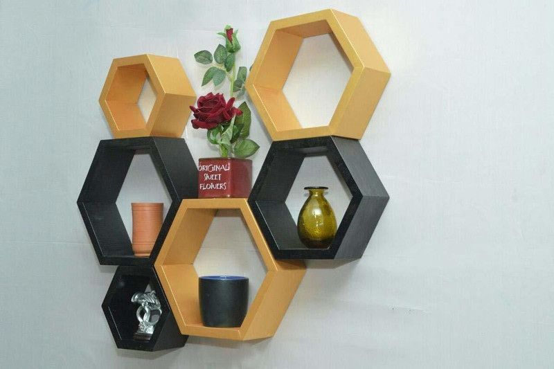 UNIQUE CRAFT HOUSE MDF Mount Hexagon Floating Wall Shelf For Home and Living Decor - Black & Golden MDF (Medium Density Fiber), Wooden Wall Shelf  (Number of Shelves - 6, Gold, Black)