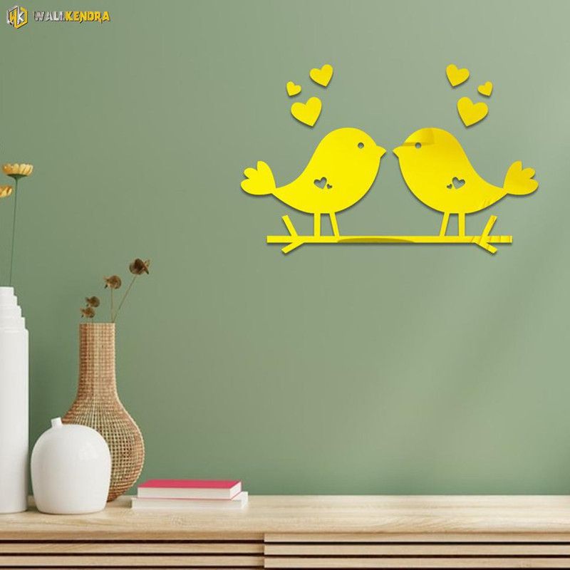 wall kendra 8 cm bird with 3hearts 3d stickers acrylic material yellow Self Adhesive Sticker  (Pack of 4)
