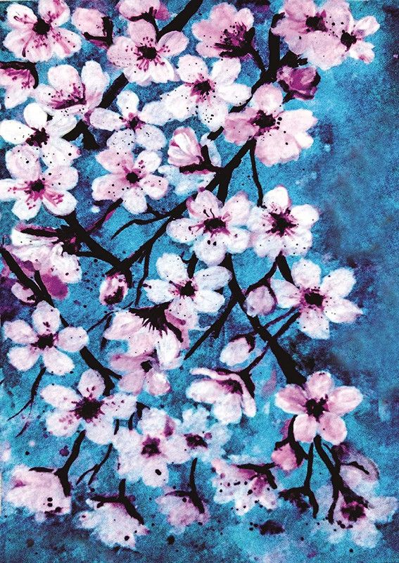 SHSWorks Cherry Blossom Flowers Unframed Floral Wall Art Canvas Artwork Signed By Artist for Living Room Bedroom Home & Office Décor Copyright Protected Digital Reprint 24 inch x 17 inch Painting  (Without Frame)