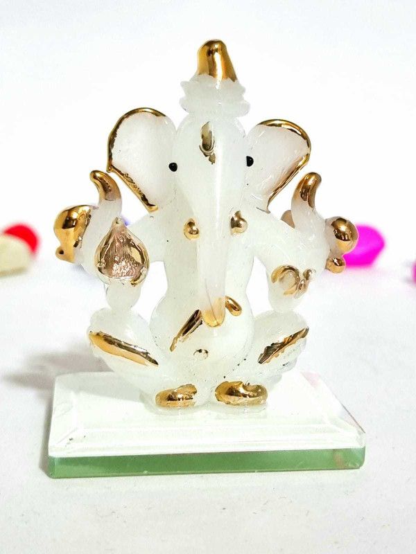 LAVANA GOLD PLATED GLASS GANESHA SHOWPIECE / DOUBLE FACE / Decorative Showpiece - 8 cm  (Glass, White)