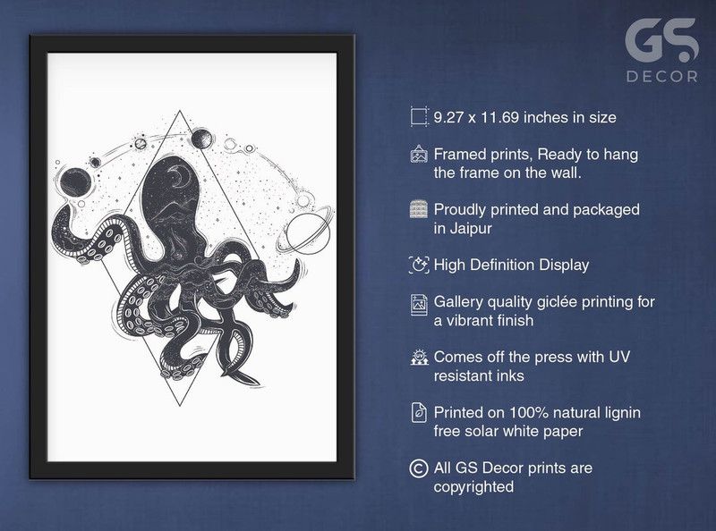 GS Decor Aesthetic Space Octopus Wall Art - Plexi Glass | Boho Room Decor - Black Frame Digital Reprint 12 inch x 9 inch Painting  (With Frame)