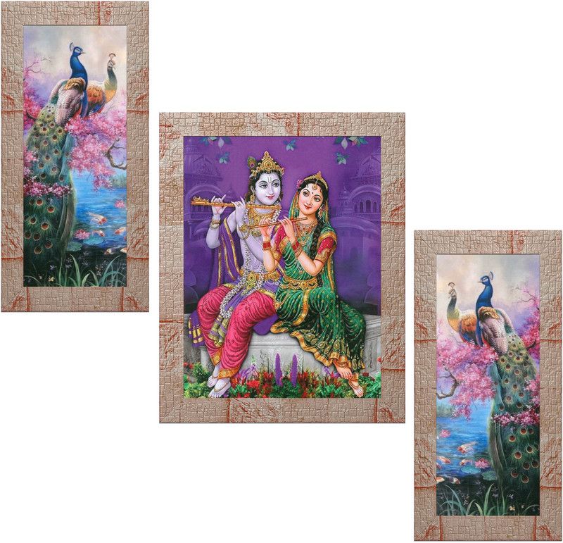 Indianara Set of 3 Radha Krishna with Peacocks Art Painting (4188MR) without glass Digital Reprint 13 inch x 10.2 inch Painting  (With Frame, Pack of 3)