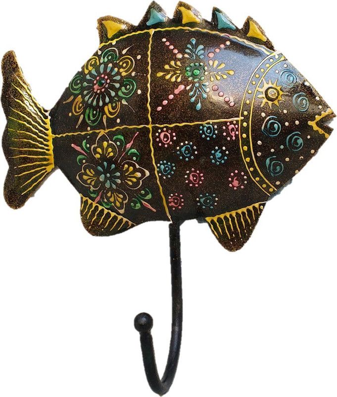 Sancheti Art Textured Fish Iron Key Holder  (1 Hooks, Gold, Multicolor)