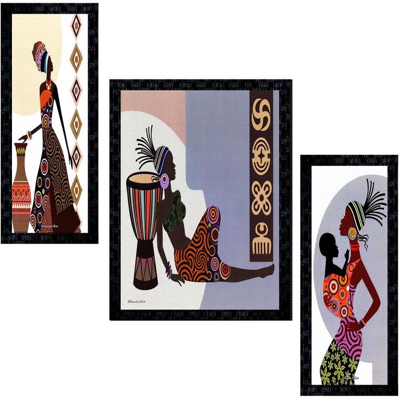 Janki Online Set of 3 African Women Modern Art Glass Framed Wall Painting for Home Office and Home Dedcor Canvas 14 inch x 11 inch Painting  (With Frame, Pack of 3)