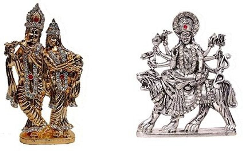 9facts Set of 2  God Radha Krishna Couple Idol & Goddess Durga Devi / Maa Sherawali Idol - Navratri Pooja Statue Decorative Showpiece Decorative Showpiece - 9 cm  (Brass, Multicolor)