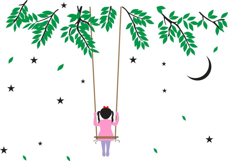 Burhani Decor 81 cm Girl playing under tree green leaves star moon pvc vinyl multicolor decorative wall sticker for wall decoration size : 81 Cm X 119 Cm Self Adhesive Sticker  (Pack of 1)