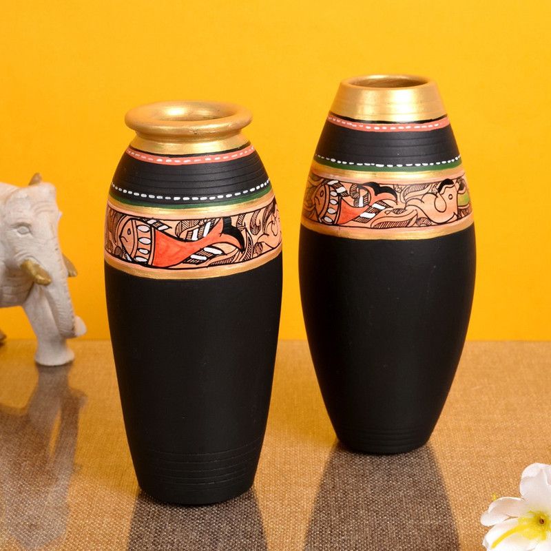 AAKRITI ART CREATIONS Handcrafted Terracotta Madhubani Black Painting Pot Vase Set of 2 for Home Décor Terracotta Vase  (6.5 inch, Black)