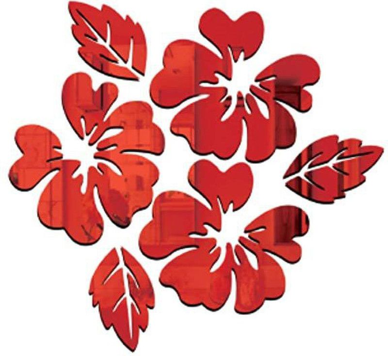 Chote Mote Seller 14.1 cm Flower leaf Red 3D Mirror Stickers Wall Stickers Acrylic Stickers Self Adhesive Sticker  (Pack of 6)