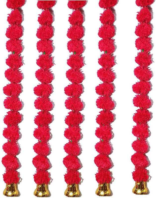 Mahima Artificial Marigold Flower Garlands for Decoration, of Doors/Windows/Walls , Package contains – 5 STRING OF FLOWER EACH CONTAINING 30 Artificial Marigold Fluffy Flowers Pink, Gold Marigold Artificial Flower  (30 inch, Pack of 5, Garlands)
