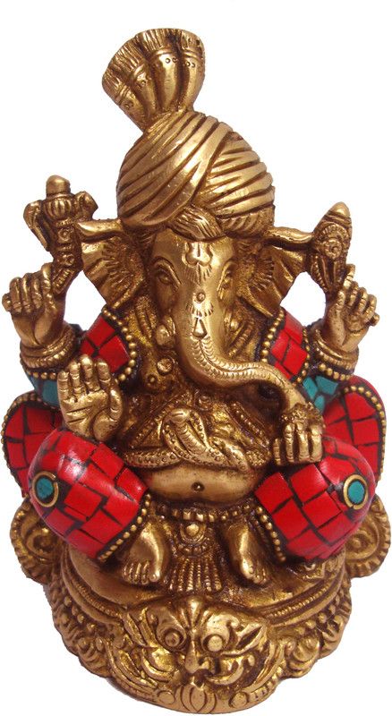 Aesthetic Decors Pagari Ganesh Sitting on Dragon Base Decorative Showpiece - 12 cm  (Brass, Multicolor)