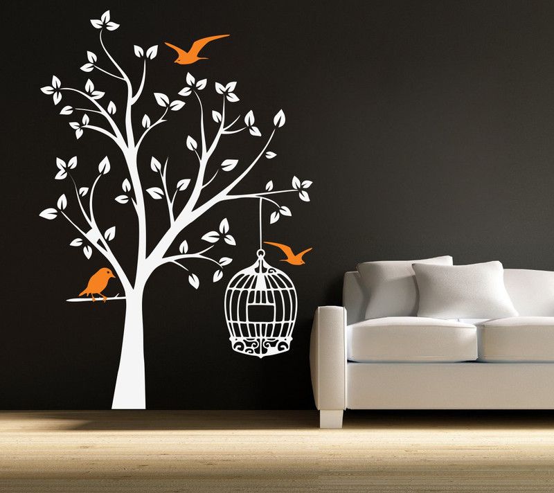 decor kafe 86 cm Orange Bird And Tree Wall Decal Self Adhesive Sticker  (Pack of 1)