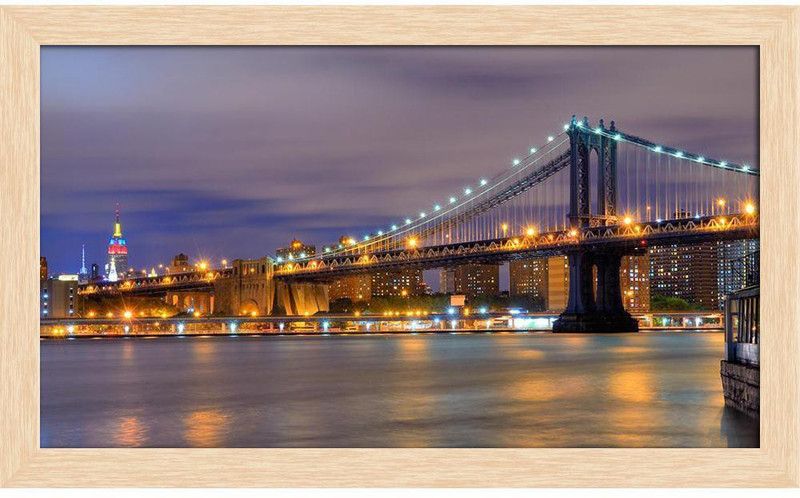 Artzfolio Manhattan Bridge & The Empire State Building, USA Framed Painting 20.6x12inch Canvas 12 inch x 20.6 inch Painting  (With Frame)