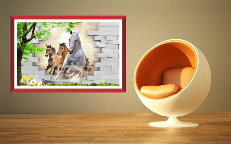 Kamya home Décore 60 cm Kamya home Décor Running Horse with Photo Frame Self Adhesive Sticker  (Pack of 1)