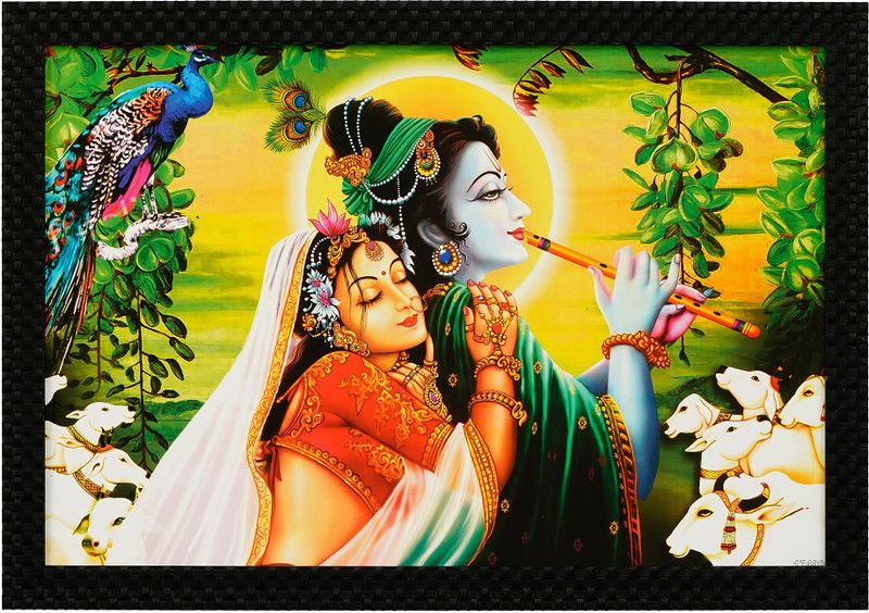 Khatu Crafts RADHAKRISHNACOW Digital Reprint 13 inch x 19 inch Painting  (With Frame)