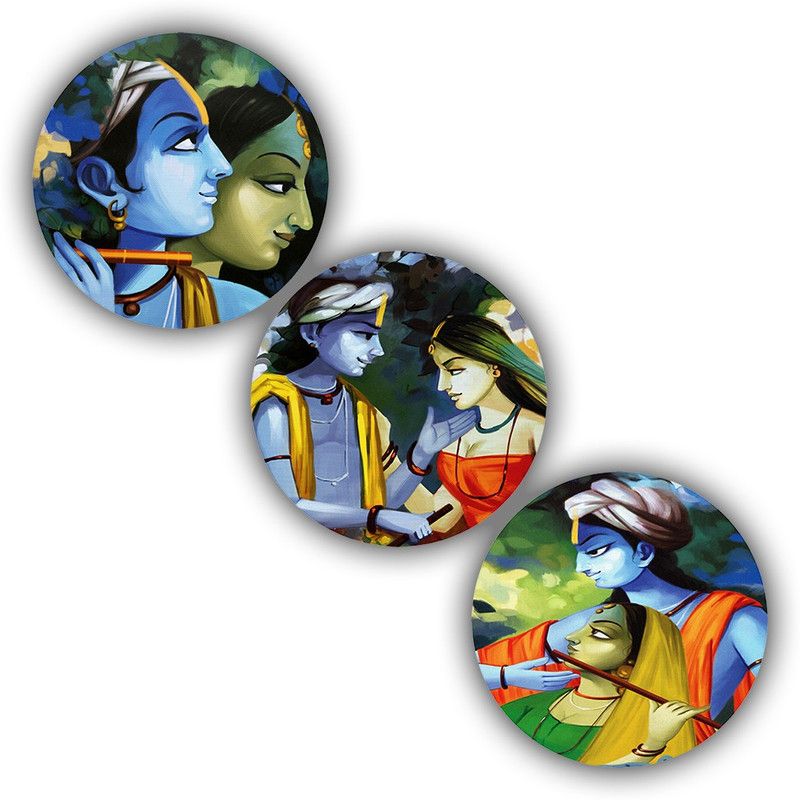 Janki Modern Art Radha Krishna Love 3 Piece Set of 3 Round 6mm MDF Wall Paintings Digital Reprint 12 inch x 12 inch Painting  (With Frame, Pack of 3)