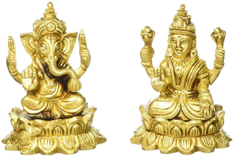 Idolsplace Astadhatu Lakshmi Ganesha Statue is Used to get The Blessings of Lord Ganpati and Goddess Laxmi/Brass Made Lakshmi Ganesh 1400gms Decorative Showpiece - 14.5 cm  (Brass, Gold)