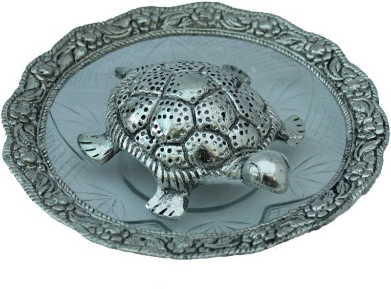 Crafticia Metal Tortoise On Glass Plate Silver Finish For Fengshui Decorative Vastu Figurine (5 inch) Decorative Showpiece - 8 cm  (Metal, Silver)