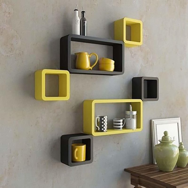 WOODY WORLD Wall Mount Cube Wall Shelf/ Shelves Set Of 6 - Yellow and Black MDF (Medium Density Fiber), Wooden Wall Shelf  (Number of Shelves - 6, Yellow, Black)