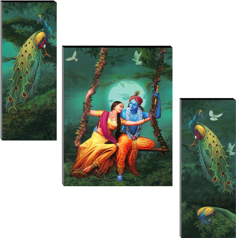 Indianara Set of 3 Radha Krishna With Peacock MDF Art Painting (3771FL) without glass (4.5 X 12, 9 X 12, 4.5 X 12 INCH) Digital Reprint 12 inch x 18 inch Painting  (With Frame, Pack of 3)