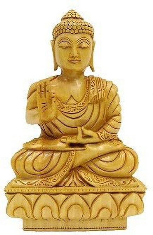 assure crafts WOODEN JAPANESE BUDDHA 8" Decorative Showpiece - 20 cm  (Wood, Yellow)