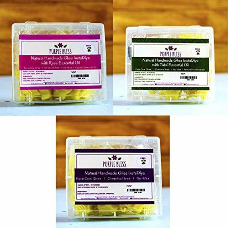 PurpleBliss Organic Ghee Diyas (10 cm x 6 cm x 4 cm, Yellow, Pack of 90+3 Steel Diyas, Regular+Rose+Tulsi) Candle  (Multicolor, Pack of 3)