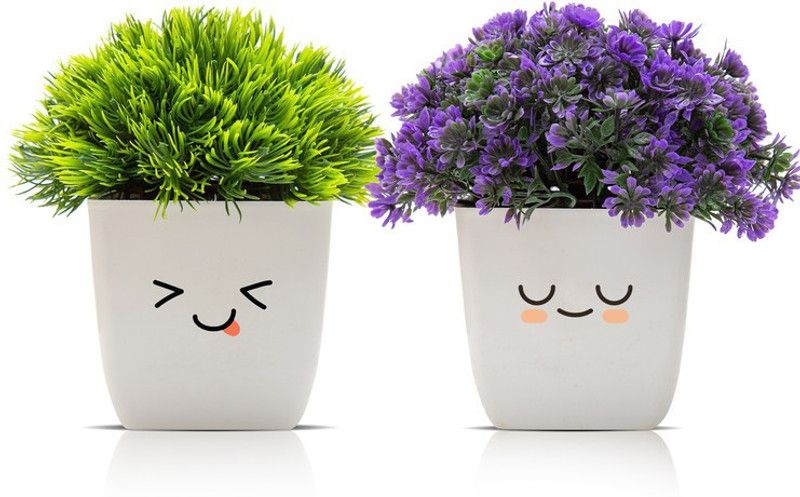 Amputive Artificial Plant Cute Bushy Shrub Topiary Shrub with Lovely Face Pots for Home/Office Decoration & Gifting Purpose-Set of 2-AG23 Purple, Green, White Cherry Blossom Artificial Flower with Pot  (4.7 inch, Pack of 2, Flower Bunch)