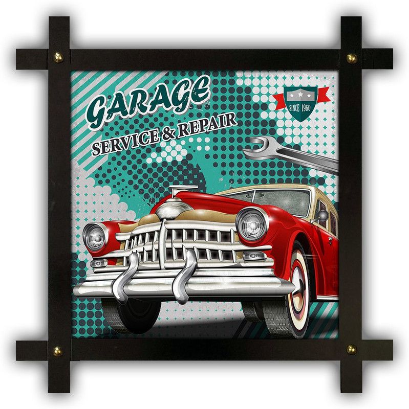 Poster N Frames Cross Wooden Frame Hand-Crafted with photo of Vintage garage retro poster p-34 Digital Reprint 16.5 inch x 16.5 inch Painting  (With Frame)